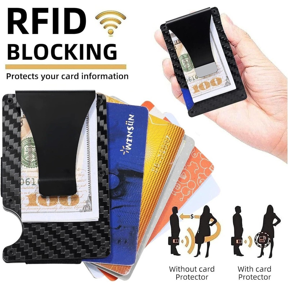 RFID Blocking Slim Money Clip Mens Carbon Fiber Credit Card Holder Metal Wallet